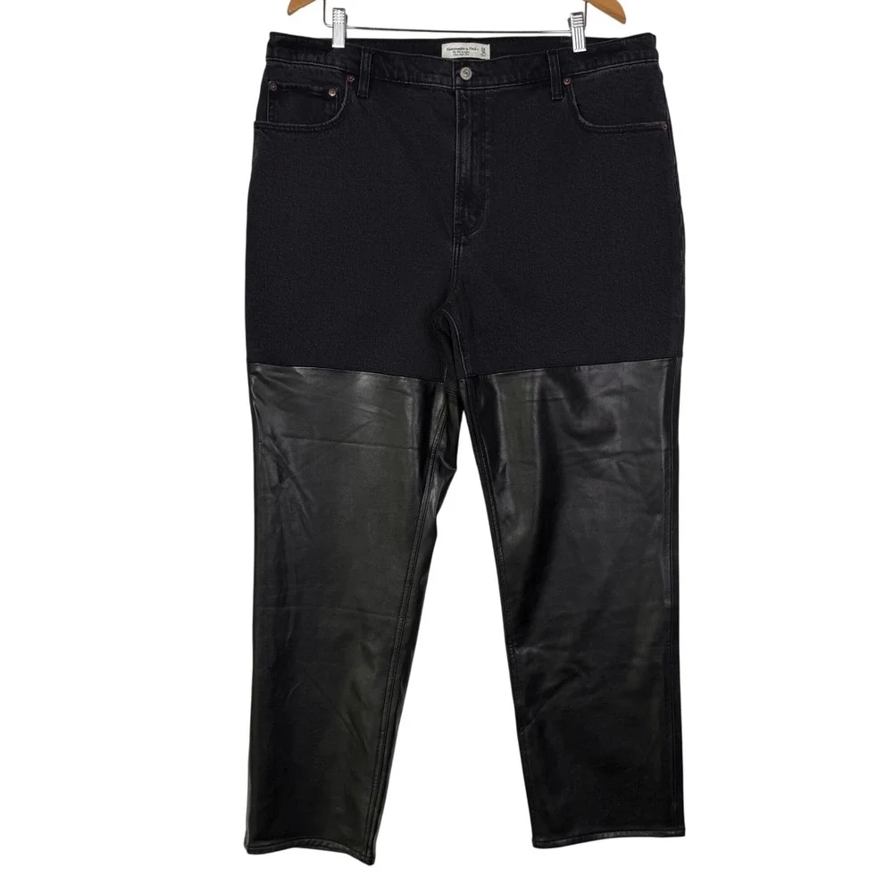 Abercrombie Womens size 18 Black 90s Straight Jeans Faux‎ Leather High Rise